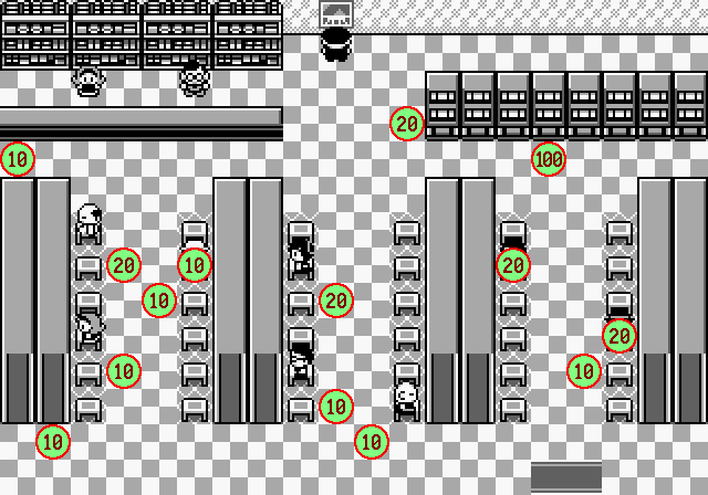 Mapa do Game Corner indicando os pontos de moedas escondidas em Pokémon Red, Blue e Yellow